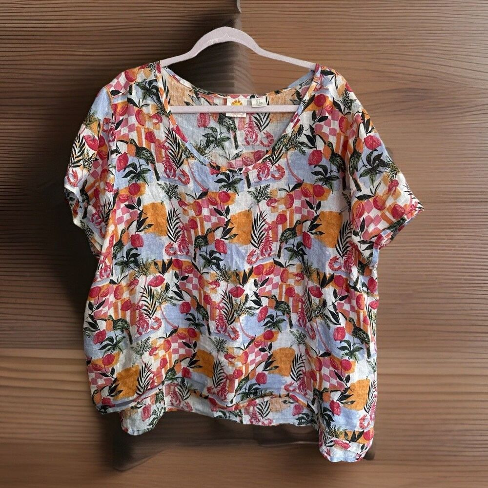 C&C California 100% Linen Shirt Blouse 3X floral fruit Lounge Comfort Oversized